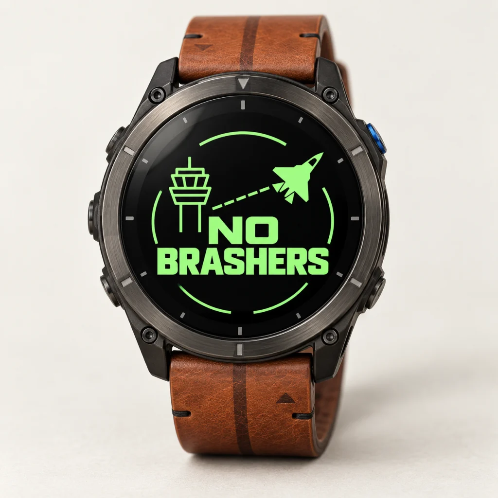 Photorealistic concept of a Garmin D2 Mach 2 Pro style watch showing the green NoBrashers logo. Not a tested app.